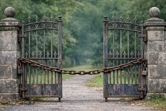 A rusty iron gate with a chain hanging from it, possibly secured or closed