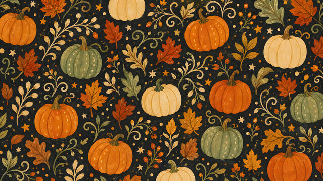 Folk art Halloween pattern with pumpkins and autumn leaves