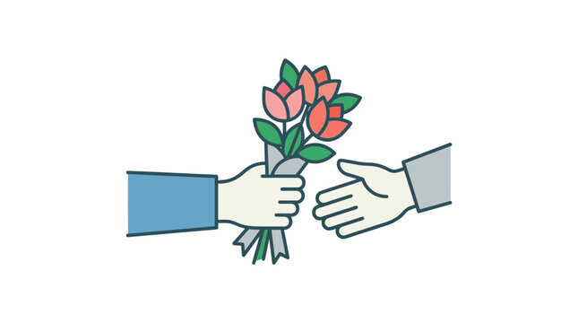A hand giving a bouquet of flowers to another person.