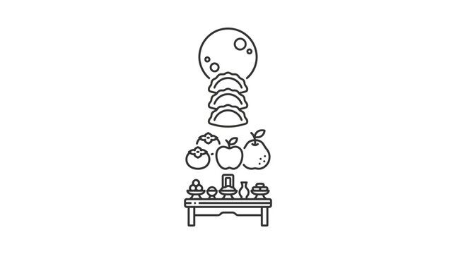 A minimalist line art illustration of a traditional Korean Chuseok holiday table setting.