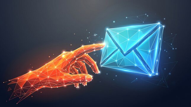 Digital email message concept illustration with a wireframe hand interacting with a glowing blue envelope icon representing electronic mail and communication technology, communication