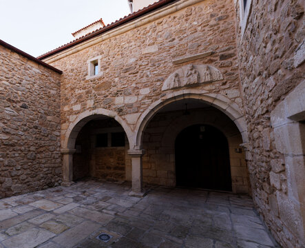 Historic view of the inner courtyard of the Santa Barbara Convent, La Coruna, Galicia, Spain