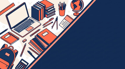 Obraz premium E-learning workspace background with laptop school supplies and copy space