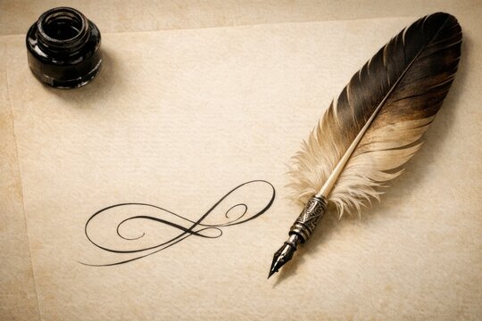 Illustration of a vintage writing desk with a feather quill and an ink bottle on paper