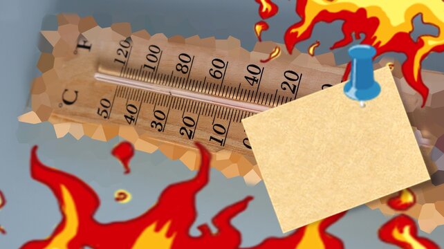 Termometro su sfondo caldo con spazio per scrivere. Concetto di alta temperatura con fiamme.