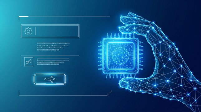Futuristic digital hand holding central processing unit microchip over abstract interface elements for hardware technology concept with processor technology hardware computing interface