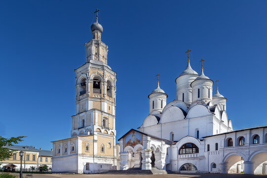 Saviour Transfiguration Cathedral and bell tower in Spaso-Prilutsky Monastery, Vologda, Russia. Medieval architecture