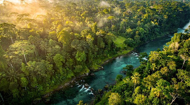 Aerial view of a vibrant tropical rainforest with a clear blue river winding through dense green trees under a golden sunlight.