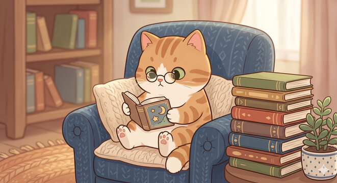 Cute cartoon cat reading a book in a cozy scene with stacked books and a plant, ideal for education and lifestyle themes.