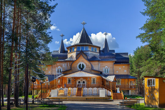 Residence of Ded Moroz in Veliky Ustyug, Russia, scenic view. Traditional Russian wooden palace folk architecture