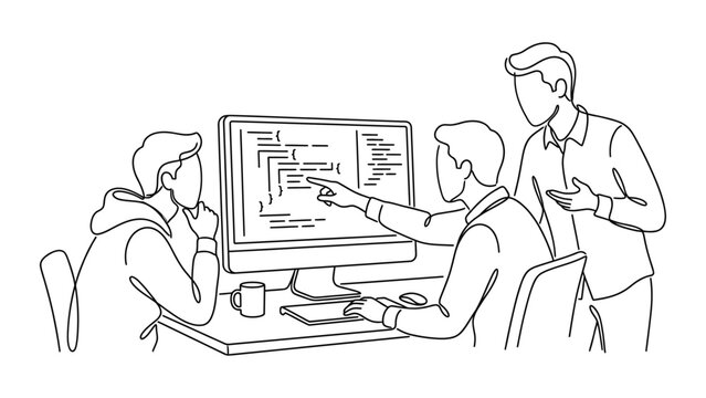 Continuous line drawing of a team of software developers working together on computer code.