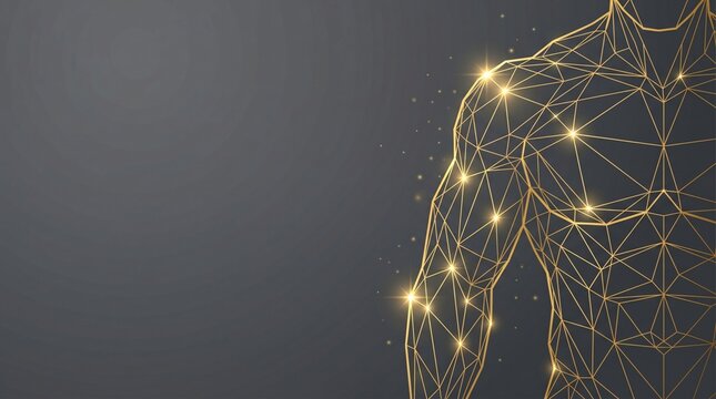 Abstract glowing golden wireframe illustration of a muscular human male shoulder and arm with muscular shoulder wireframe abstract technology strength physique bodybuilding exercise