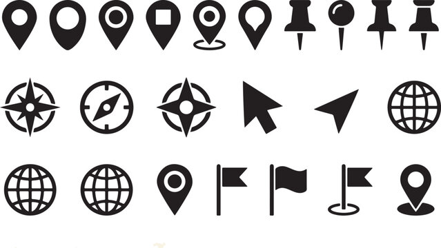 , minimalist vector icon set featuring navigation, mapping, and location symbols