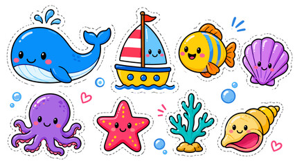 Cute sea creatures smile warmly at the viewer. Blue whale, orange fish, and purple octopus wave cheerfully. Starfish, seashell, and coral glow with soft colors © LarisaM