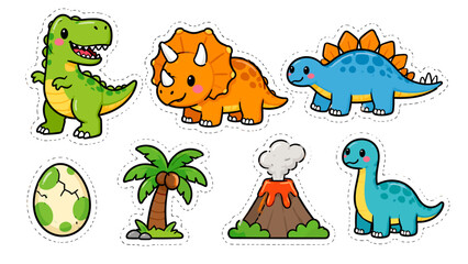 Cute cartoon dinosaurs in bright colors. Each features friendly expressions and playful designs. Dinosaur egg, palm tree, and volcano complete the scene. Perfect for kids' books, educational materials © LarisaM