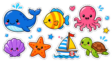 Cute ocean creatures smile happily on a white background. Blue whale splashes gently, wearing a cheerful expression. Yellow fish waves with stripes, adding playful energy. Pink octopus giggles © LarisaM