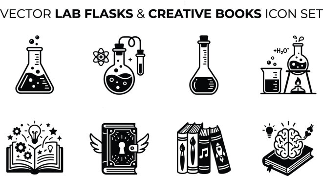 Vector lab flasks and creative books icon set featuring black silhouettes of chemistry equipment research tools and educational symbols on white background