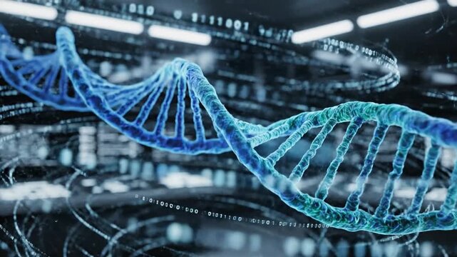 Abstract 3D DNA helix model with digital data streams and binary code background
