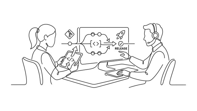 Continuous integration and deployment workflow concept with software developers.