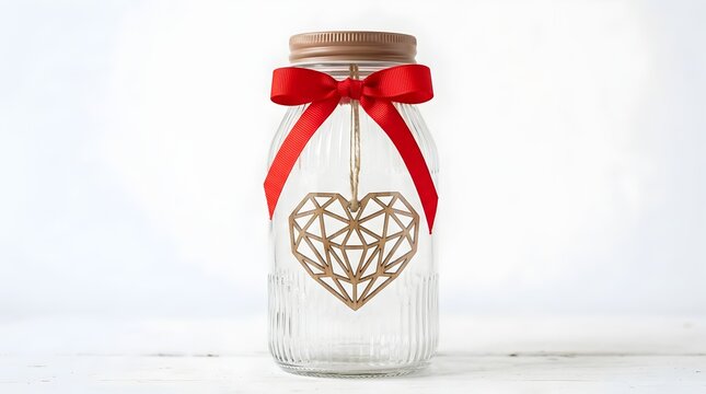 Clear glass bottle with red ribbon and heart design