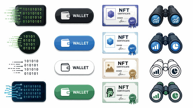 Collection of digital icons representing cryptocurrency wallets, NFT certificates, and binoculars.