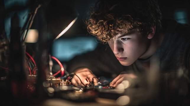Teenager soldering electronic circuit board