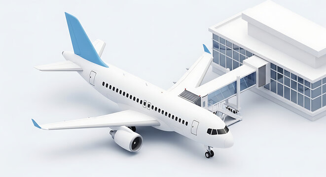 Modern Airplane Connected to Airport Terminal Building via Glass Jet Bridge for Passenger Boarding and Disembarking