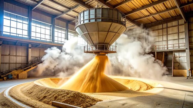 Industrial machinery pouring golden grain inside a large warehouse facility