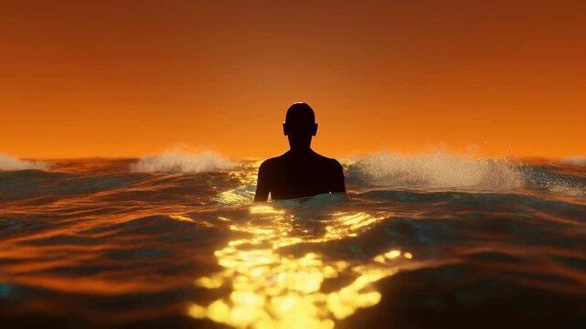 Silhouette of person swimming in ocean waves at sunset