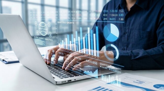 business data analysis and financial planning with digital growth charts on laptop, showing quarterly performance metrics, stock market analytics, and professional investment tracking.

