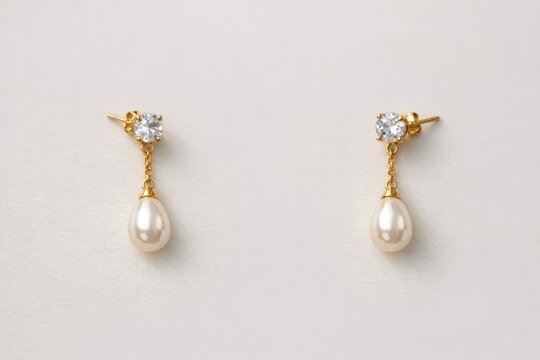 A pair of elegant pearl and diamond earrings on a clean white surface, perfect for showcasing jewelry or creating a minimalist design