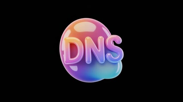 Luminous DNS text dissolving in liquid motion against dark background with subtle color shift for tech concepts