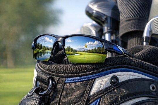 A golf bag with a pair of sunglasses sitting on top, perfect for a casual golfing outing or as a humorous accessory