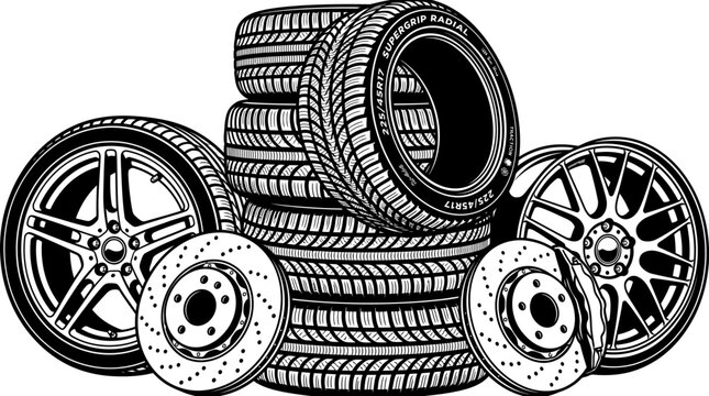 A stack of tires and wheels.