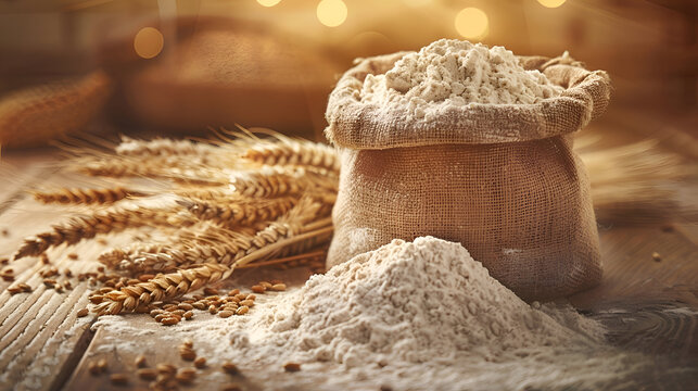 Rustic sack of flour and wheat on wooden table in warm light