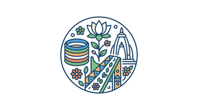 A circular illustration featuring Indian cultural symbols including a lotus flower temple bangles and traditional patterns.