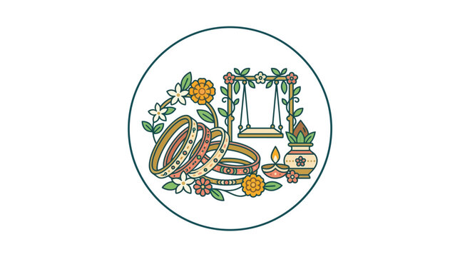 Traditional Indian festival elements with bangles swing and diya in a circular frame.