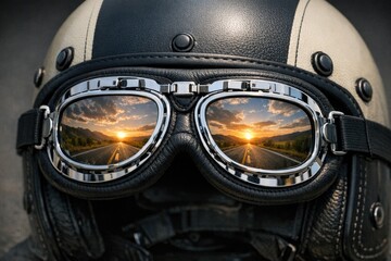 Fototapeta premium A close-up of a motorcycle helmet and goggles, set against a warm sunset backdrop
