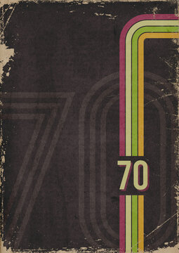1970s sports background with copyspace. Vintage colored stripes and the number 70 on grunge, bleached out dark paper texture with scratches and folds.