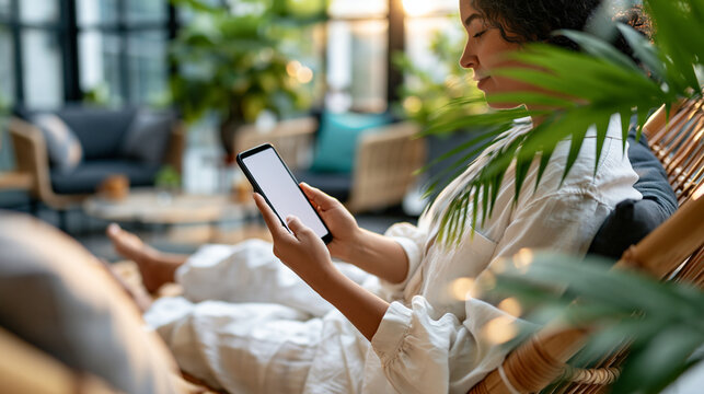 Woman holding a phone with an empty screen on a sunbed in a stylish lifestyle environment with natural daylight and modern decor, emphasizing UX design, responsive layout, digital content