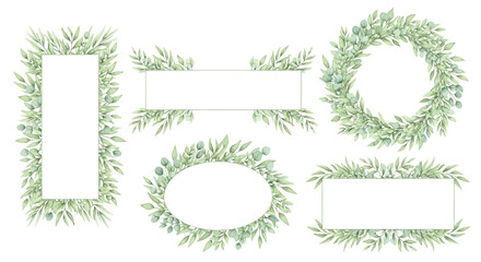 Green leafy border frames, wreath shapes, blank banners, eucalyptus floral elements, vector illustrations © Stephen