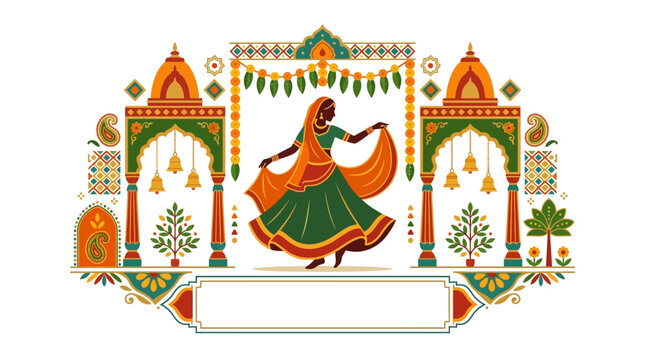 A graceful Indian woman performing a traditional dance in a vibrant lehenga choli.