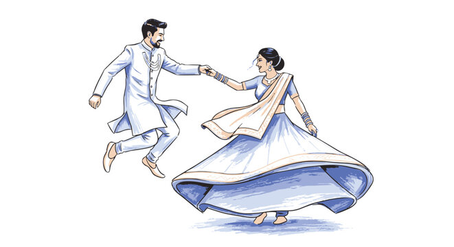 Couple Performing Traditional Indian Couple Dance in Elegant Attire.
