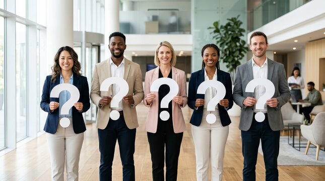 Group of diverse corporate professionals posing with question mark signs.