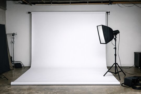 Professional photography studio setup with white backdrop and lighting gear for capturing images