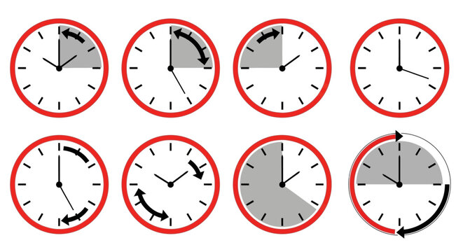 Clock faces, time icons, 8 clocks, analog clock, time pie charts, schedule templates