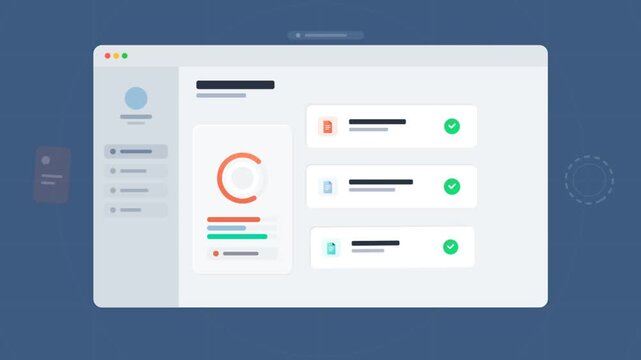 Animated data management dashboard with progress charts and status