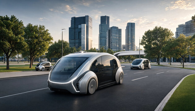 Autonomous shuttle pod vehicle driving along a city road with modern office buildings in the background autonomous transport transportation technology automated electric mobility