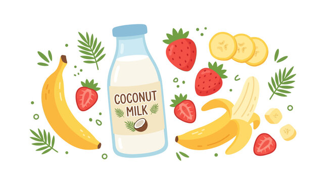 Fresh fruit and coconut milk illustration with bananas, strawberries, and tropical leaves on a clean background