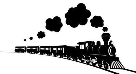 Vintage steam train, locomotive silhouette, black illustration, railway transport © Stephen